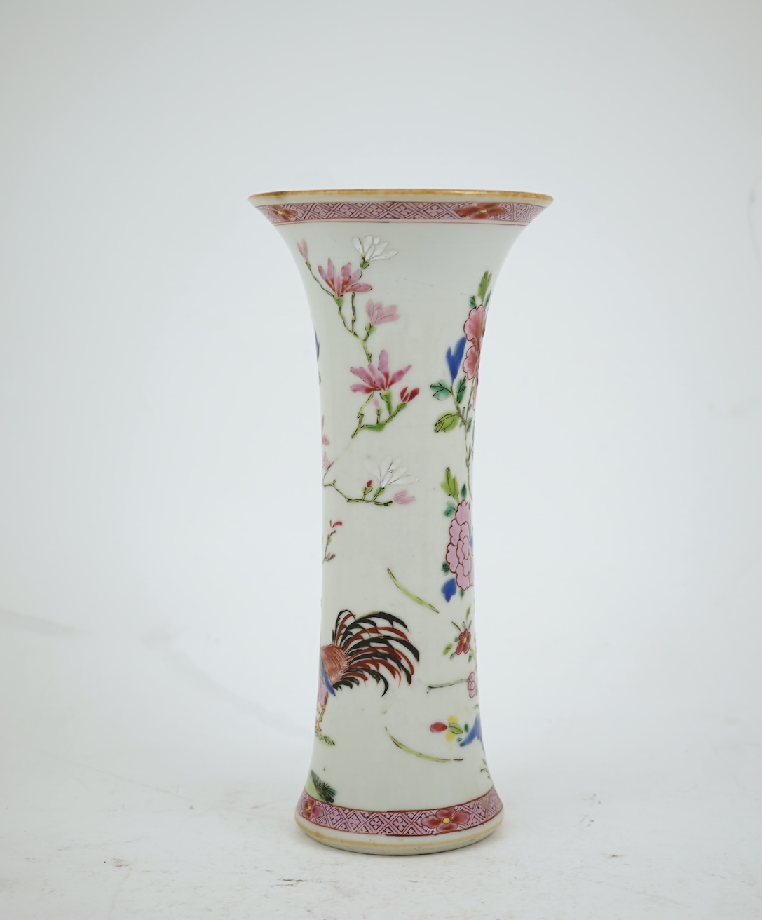 A Chinese famille rose ‘cockerel’ beaker vase, Qianlong period